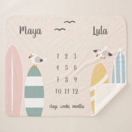 Beach Surfer Twins Milestone Baby Sherpa Blanket Deken