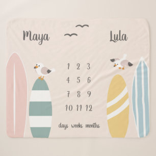 Beach Surfer Twins Milestone Baby Sherpa Blanket Deken