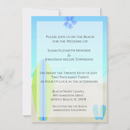 Beach Surfer Wedding Invitations Kaart (Voorkant)