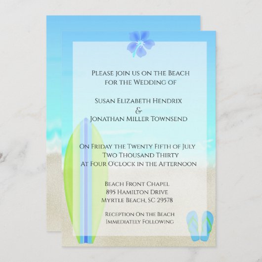 Beach Surfer Wedding Invitations Kaart (Voorkant / Achterkant)