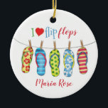 Beach Teenslippers Personalized Tropisch kleurig Keramisch Ornament<br><div class="desc">Teenslippers. Gepersonaliseerd voor jouw naam. Ik vind teenslippers uit het hart gepersonaliseerd met jouw naam. Een Tropisch strand of een zonnige leuke zomerdag. Fantastische, stijlvolle teenslippers in een rij met kleurrijke strepen, bloemen en stippen. Een schattig trendy cadeau voor iedereen die van de zomer houdt, het strand en het teenslipper...</div>