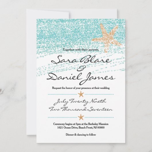 Beach Th-weide Wedding Invitation w/Starfish Accen Kaart (Voorkant)