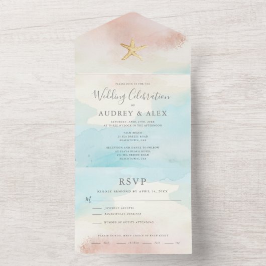 Beach THALIN-ONE Wedding Invitation All In One Uitnodiging (Binnen)