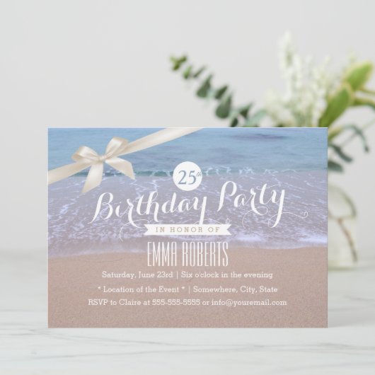 Beach Theme Classy Ivory Ribbon Birthday Party Kaart (Staand voorkant)