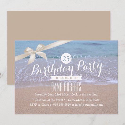 Beach Theme Classy Ivory Ribbon Birthday Party Kaart (Voorkant / Achterkant)
