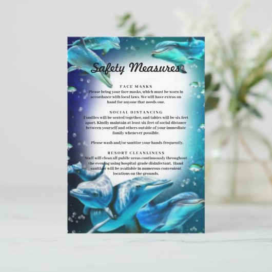 Beach Theme Dolphin Weddenschap Safety Measures Informatiekaartje (Staand voorkant)