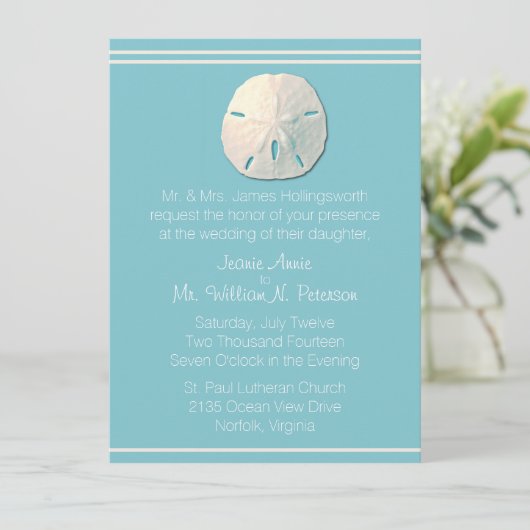 Beach Theme Sand Dollar Weddenschap Kaart (Staand voorkant)