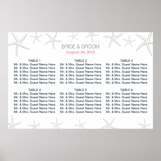 Beach Theme Starfish Wedding Seding Chart Poster (Voorkant)