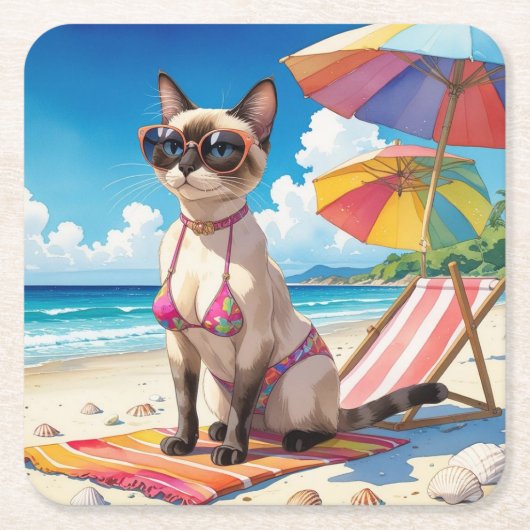 Beach themed for Siamese Cat lovers Kartonnen Onderzetters (Voorkant)