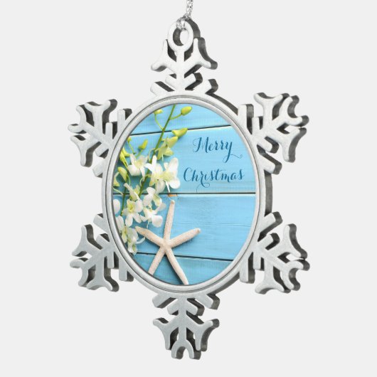 Beach Thémed Kerstannaments Pewter Starfish Tin Sneeuwvlok Ornament (Rechts)