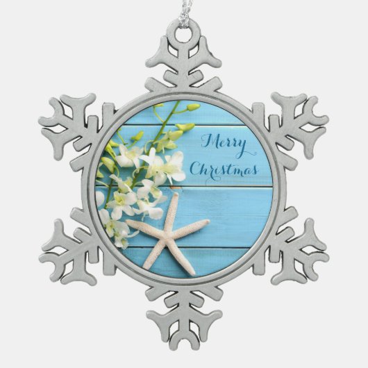 Beach Thémed Kerstannaments Pewter Starfish Tin Sneeuwvlok Ornament (Voorkant)