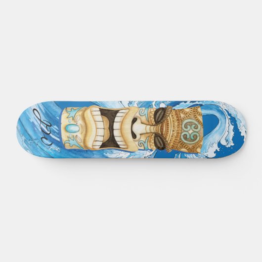 Beach Tiki Wave Blue Monogram Persoonlijk Skateboard (Horizontaal)