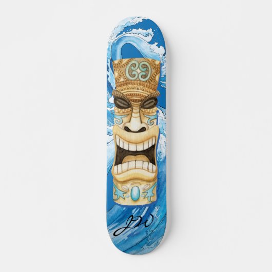 Beach Tiki Wave Blue Monogram Persoonlijk Skateboard (Voorkant)