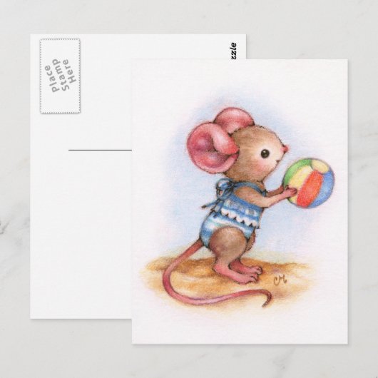 Beach Time - Cute Mouse Art Briefkaart (Voorkant / Achterkant)