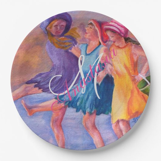 BEACH TIME VRIENDINNEN MONOGRAM PARTIJ PAPIEREN BORDJE (Voorkant)