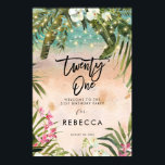 Beach Tropical 21st Birthday Welkomstbord poster<br><div class="desc">Een mooie 21e verjaardag welkom bord met strand achtergrond, string verlichting en tropische bloemen. Perfect voor zomer/strand bruiloften, feesten en douches! Gemakkelijk om de tekstvelden te bewerken die worden weergegeven met uw namen en datum, enz. Bezoek nu mijn winkel om het volledige aanbod te zien, inclusief stickers, uitnodigingen, menu etc....</div>