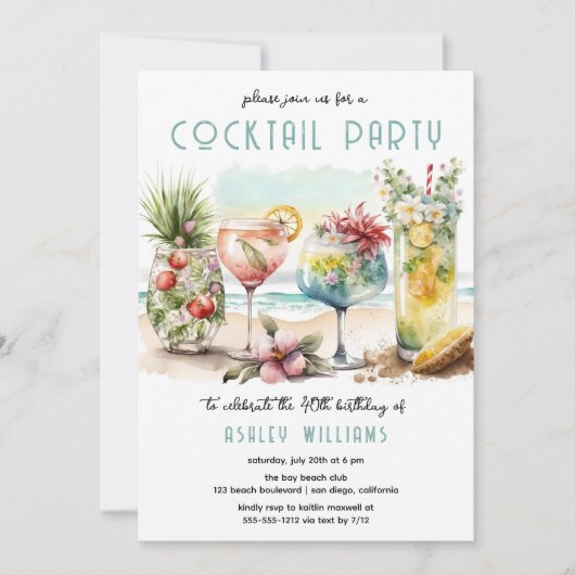 Beach Tropical Cocktails 40th Birthday Party Kaart (Voorkant)