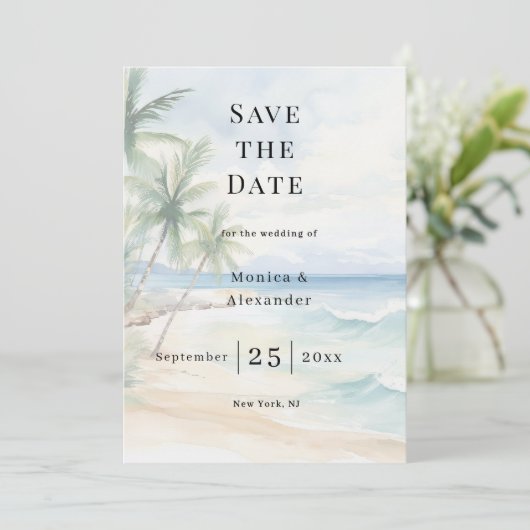 Beach tropical destination wedding save the date (Staand voorkant)