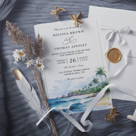 Beach Tropical Elegant Modern QR Code Wedding Kaart