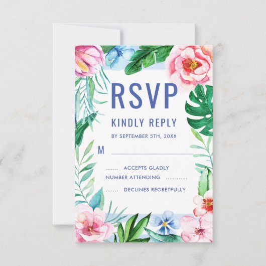 Beach Tropical Floral Hawaiian Colorful Wedding RSVP Kaartje (Voorkant)