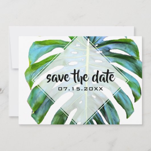 Beach Tropical Leaf Trendy Greenery Save the Date (Voorkant)