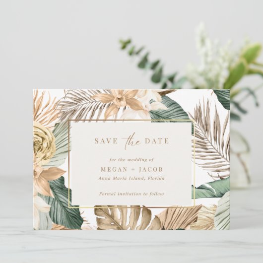 Beach Tropical Leaf Wedding Save the Date (Staand voorkant)
