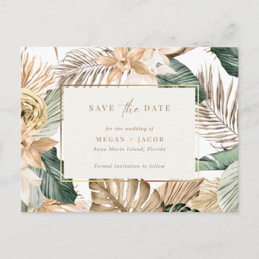 Beach Tropical Leaf Wedding Save the Date Aankondigingskaart (Voorkant)