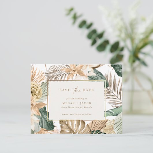 Beach Tropical Leaf Wedding Save the Date Aankondigingskaart (Staand voorkant)