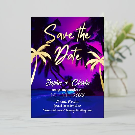  Beach Tropical Neon Save the Date Folie Uitnodiging (Staand Voorkant)