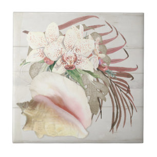 Beach Tropical Orchid Floral Conch Seashell Wooden Tegeltje