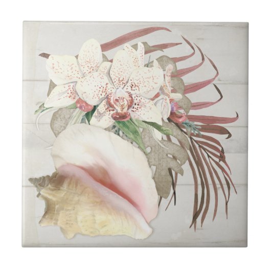 Beach Tropical Orchid Floral Conch Seashell Wooden Tegeltje (Voorkant)
