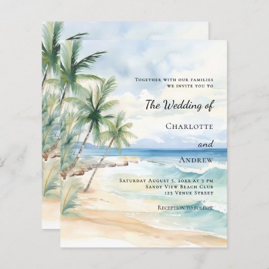 Beach tropical palm destination wedding invitation (Voorkant / Achterkant)