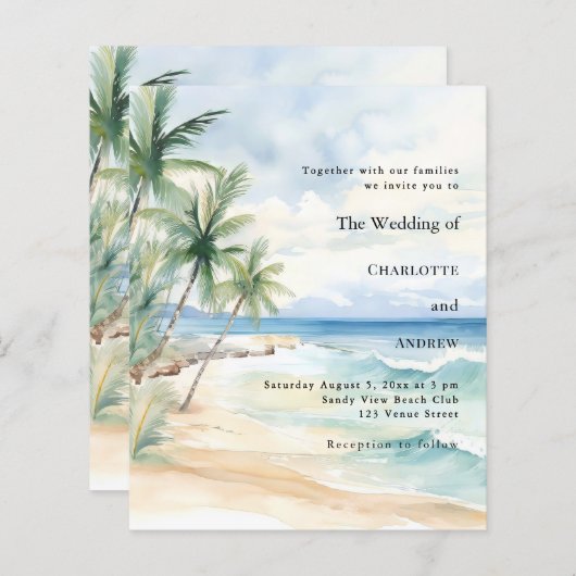 Beach tropical palm destination wedding invitation (Voorkant / Achterkant)