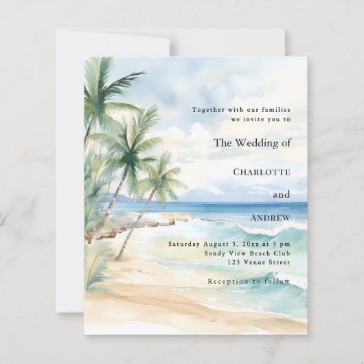 Beach tropical palm destination wedding invitation (Voorkant)