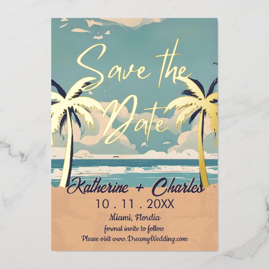 Beach Tropical Palm Save the Date Folie Uitnodiging (Voorkant)