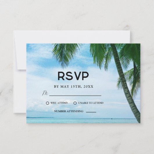 Beach Tropical Palm Tree Ocean Destination Wedinat RSVP Kaartje (Voorkant)