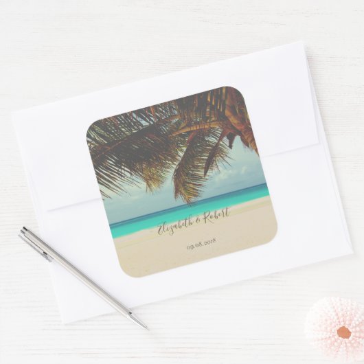 Beach Tropical, Palm Vierkante Sticker (Envelop)
