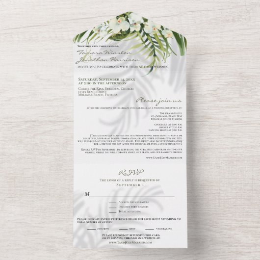Beach Tropical Palms & Orchids w/ Shadows Weddensc All In One Uitnodiging (Binnen)