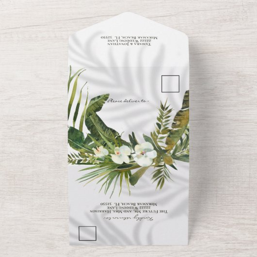 Beach Tropical Palms Shadows RSVP drieledig All In One Uitnodiging (Buitenkant)