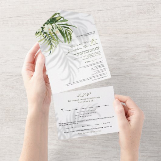 Beach Tropical Palms Shadows RSVP drieledig All In One Uitnodiging (Afscheurbaar)