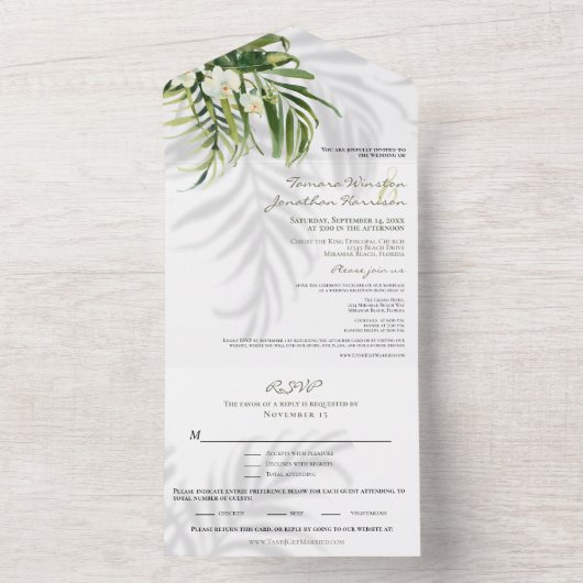 Beach Tropical Palms Shadows RSVP drieledig All In One Uitnodiging (Binnen)
