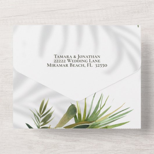 Beach Tropical Palms Shadows RSVP drieledig All In One Uitnodiging (Achterkant)