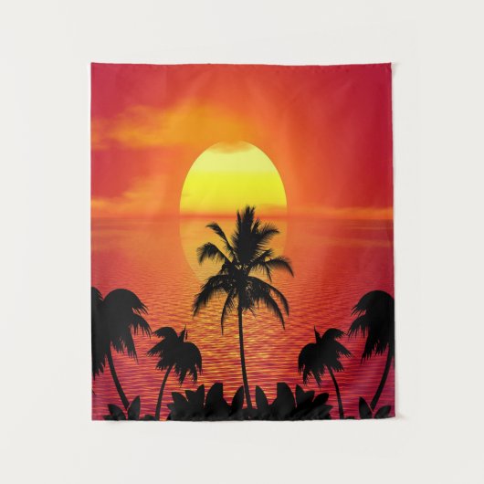 Beach Tropical Sunset Sunrise Palm Trees Island Wandkleed (Voorkant)