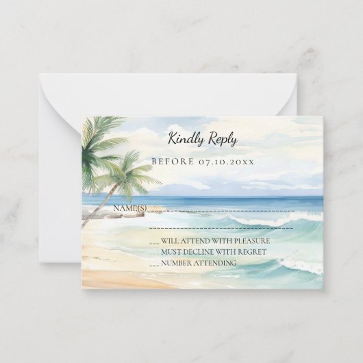 Beach tropical watercolor wedding response RSVP Notitiekaartje (Voorkant)