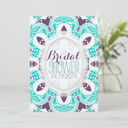 Beach Tropics Aqua Paarse Bridal Shower Invitation Kaart (Staand voorkant)