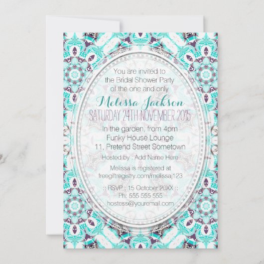Beach Tropics Aqua Paarse Bridal Shower Invitation Kaart (Achterkant)