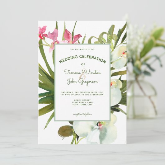 Beach Tropisch Roze Floral White Orchids Greenery Kaart (Staand voorkant)