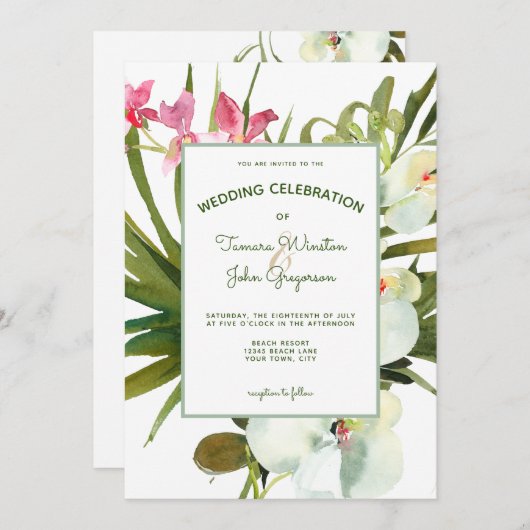 Beach Tropisch Roze Floral White Orchids Greenery Kaart (Voorkant / Achterkant)