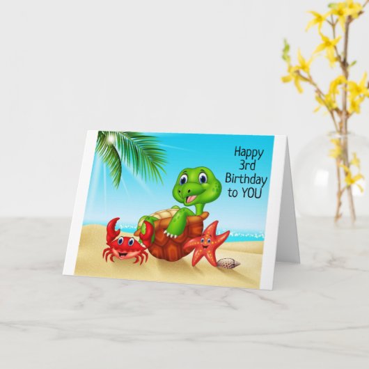 BEACH TURTLE ZEGT *VEEL PLEZIER OP JE 3e VERJAARDA Kaart (Gele Bloem)