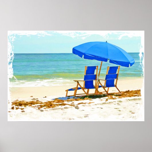 Beach, Umbrella en Chairs bij de Shore Poster (Voorkant)
